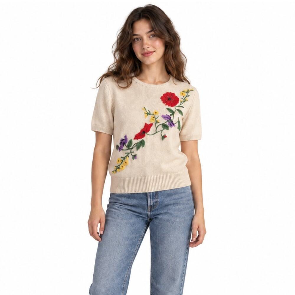 Vintage Floral Poppy Embroidery Tan Sweater Size Small Cottage Core Evan Picone